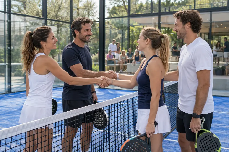 Scène illustrative de joueurs se réunissant après un match amical de padel
